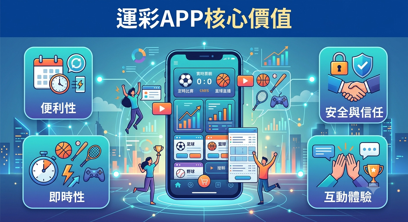 這張圖片以「運彩APP核心價值」為標題，中心展示了一個運行體育賽事介面的智慧型手機。 四周透過圖示與文字，強調了便利性、即時性、安全信任及互動體驗等四大核心功能。