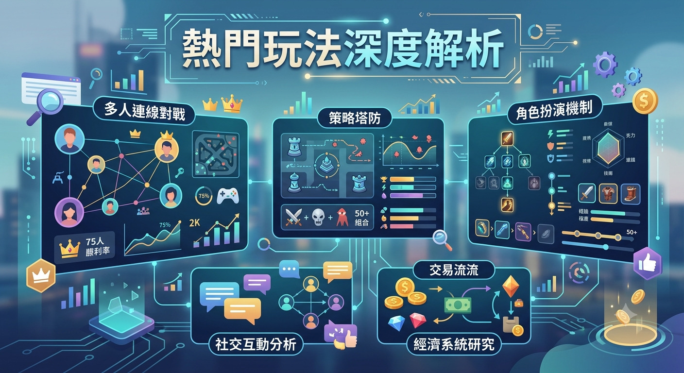 這是一張以「熱門玩法深度解析」為主題的資訊圖表，展示了多種遊戲機制分析。 畫面中整合了多人連線、策略塔防、角色扮演及經濟系統等數據視覺化元素，呈現出科技感風格。